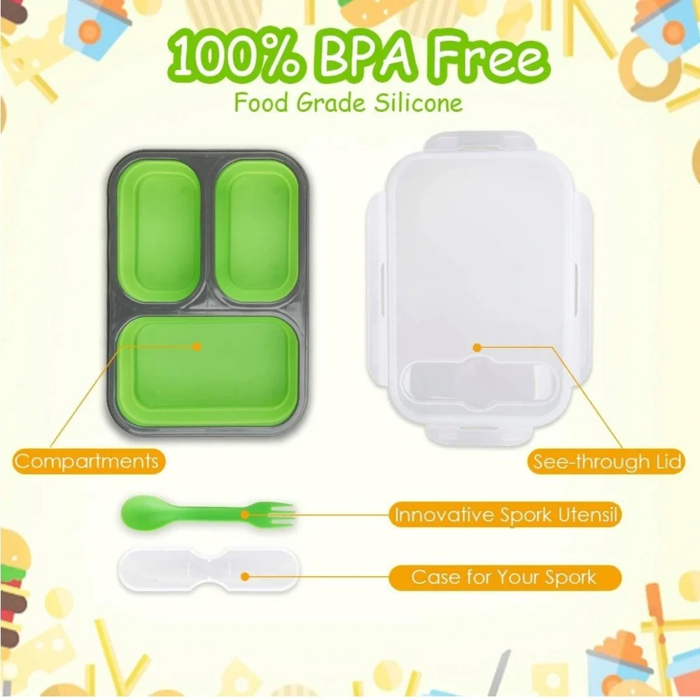 2 sets Eco one Silicone Bento Box, Lunch Box ,food storage with 3 Compartments